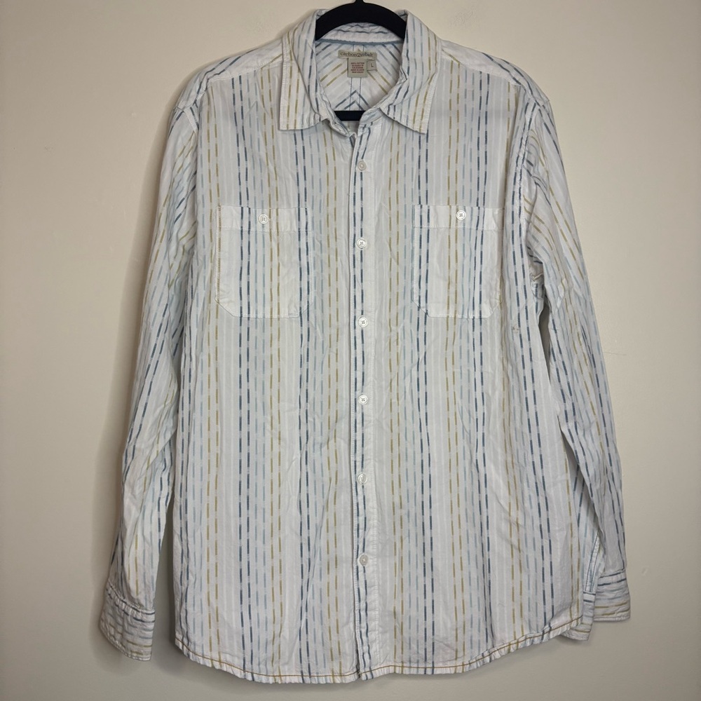 Carbon2Cobalt White Blue Stripe Cotton Shirt Men's‎ L Long Sleeve Button Front